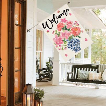 71.12 x 101.60 厘米双面户外花园旗，粉色牡丹花卉房屋图案，蓝白中式风格季节性欢迎旗