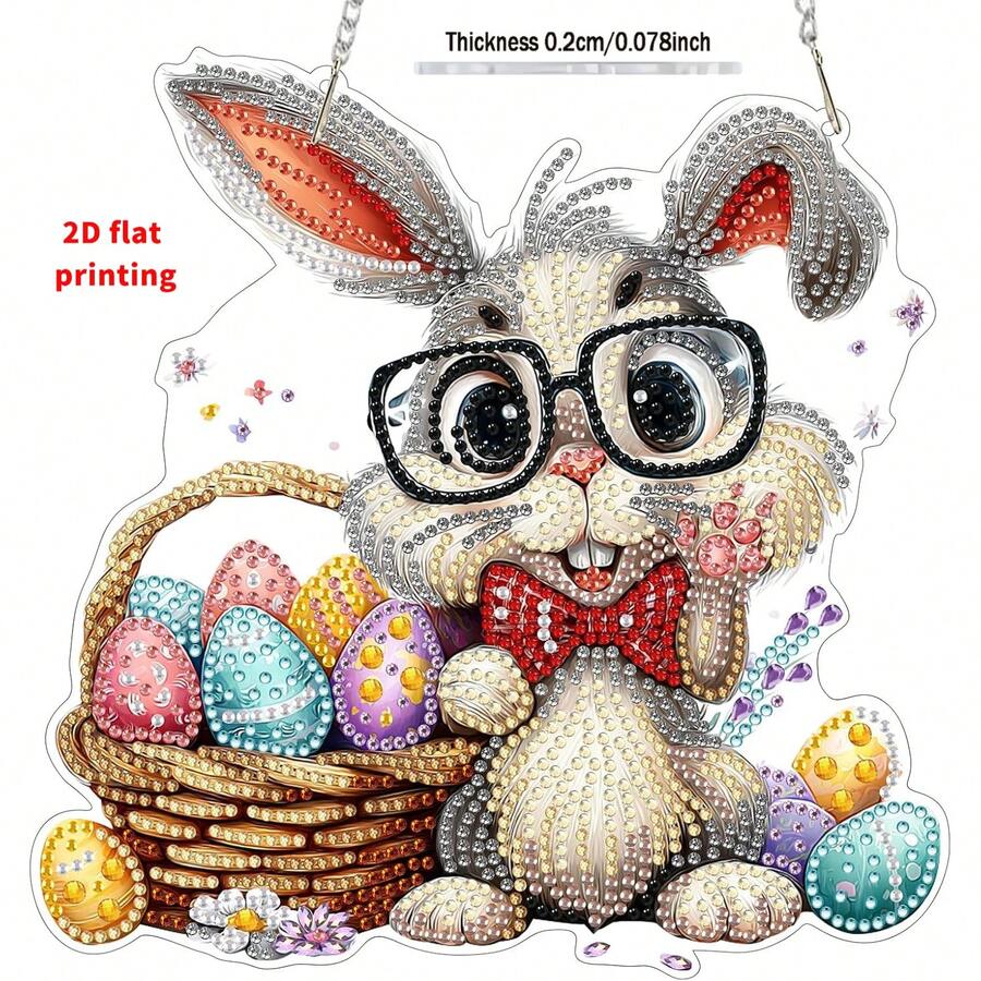 Pingente de pintura de diamante 2D com coelhinho da Páscoa feliz e corrente, conjunto de artesanato para decoração de janelas e entradas com pintura de diamante para adultos.