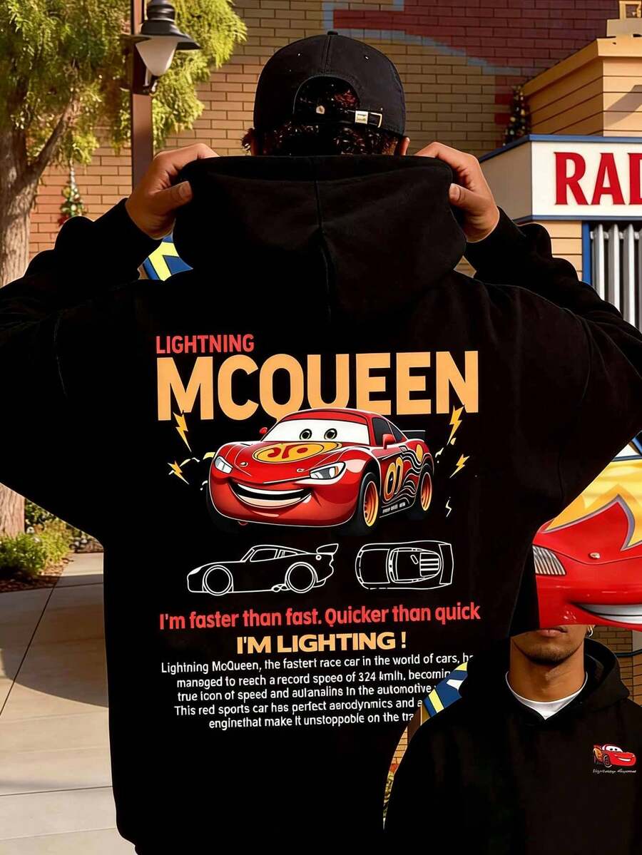 Disney Men's Hooded Sweatshirt With Lightning McQueen Design From The Cars Franchise. A Casual, Loose-Fitting Pullover, This Comfortable And Soft Men's Sweatshirt Is Suitable For Everyday Wear, Outings, And Parties. - Black - View 1