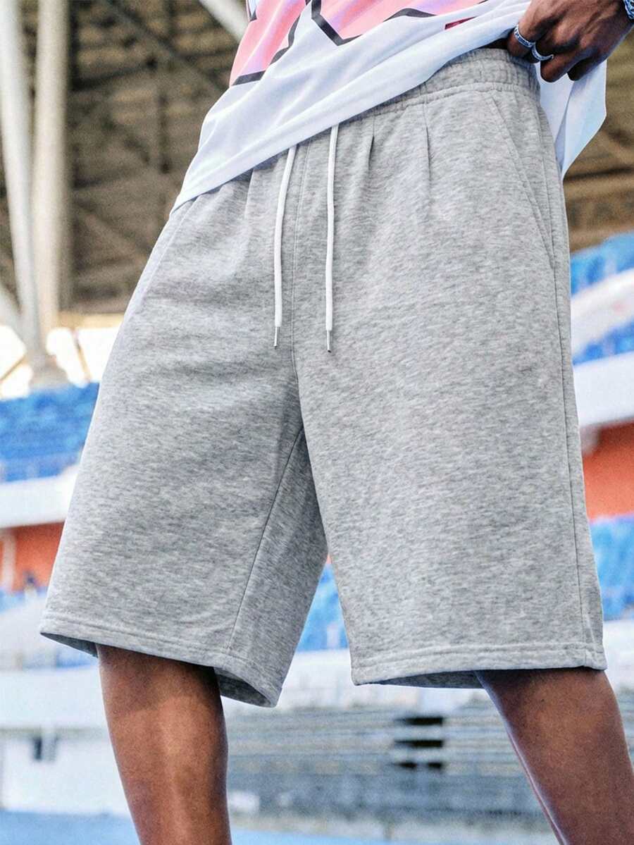 EVRINFINITE 男士抽绳腰带宽松短裤运动长款全息纯色街头潮流服饰 - 灰色 - 查看 1