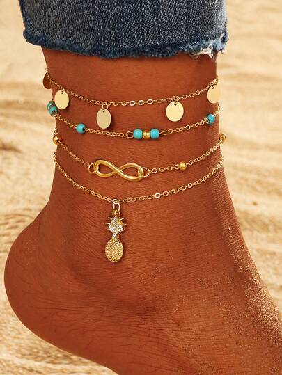 4件套女士无限菠萝圆盘脚链套装