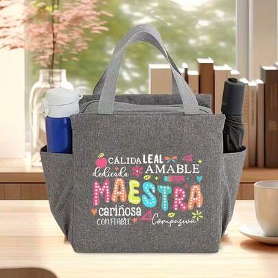 Bolsa de almuerzo con estampado de tema de maestro; adecuada para el traslado de maestros, el almuerzo en el campus de los estudiantes, picnics al aire libre, organización de suministros de enseñanza, almacenamiento de viajes, compras en el supermercado. Bolsa de tote de gran capacidad con múltiples bolsillos. Ideal para regalos del Día del Maestro y temporada de graduación. Forro aleatorio.