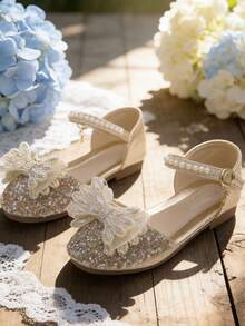 Sapatos Confortáveis de Menina Flor com Laço Brilhante e Decoração de Pérola para Meninas Pequenas - Dourado - Visão 5