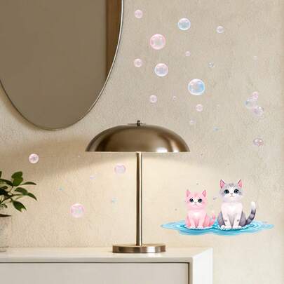 1pc Cute Glow-In-The-Dark Cat Sticker Decal, Two Kittens Sitting In Bubble Water With Floating Bubbles, Suitable For Decorating Living Room, Bedroom, Study