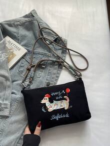 Bolso de hombro mini con bordado de perro salchicha, bolso cruzado casual y versátil, bolso diario para estudiantes - Negro - Ver 9