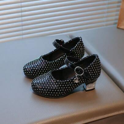 1 đôi giày lười đế dày đính ngọc trai cho trẻ em, kiểu dáng cổ điển, thích hợp cho tiệc cưới, giày da cho bé gái.