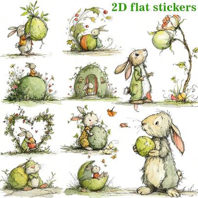 20pcs/Set Handmade Creative Vintage Watercolor Whimsical Rabbit Decorative Series, 2D Flat Waterproof Stickers Suitable For Scrapbooking, Notebook, Diary, DIY Cutting Stickers