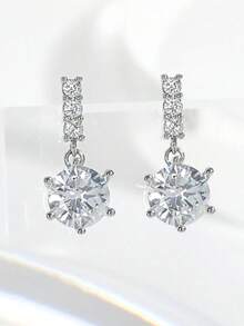 1对时尚简约水钻耳环，小众高端闪亮立方氧化锆耳环，女士款 - 銀色 - 查看 3