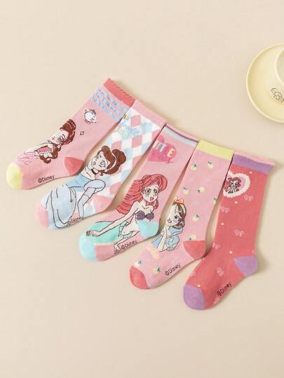 Disney 5 Pairs Of Enchanted "Runaway Princess" Mid-Calf Socks For Kids, Magical Color Assortment & Premium Quality Short Socks - Perfect Gift For Little Princesses, Random Style Delivery.