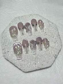 Bộ 10 miếng dán móng tay hình hoa Paulownia 3D mùa xuân, móng giả mắt mèo màu tím và hồng bóng, móng giả hình cánh bướm ngọc trai hình bầu dục (1 miếng dán dạng thạch + 1 dũa móng) - Màu tím hoa cà - Xem 12