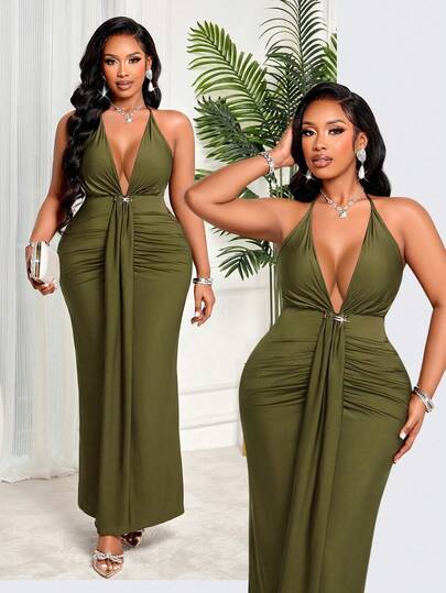 BIUBIU Plus Size Olive Green Halter Neck Party Dress, Elegant Ruched Waist Formal Maxi Dress For Women Summer