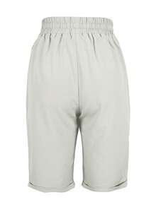 Women's Solid Color Drawstring Waist Pocket Casual Bermuda Shorts Summer - Grey - View 2