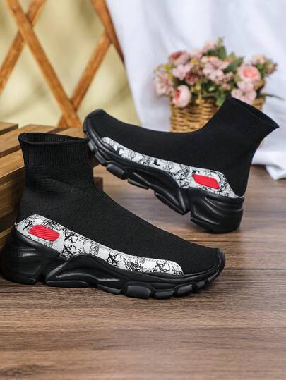 Men's Sports Shoes With Black Knit And Colorful Leather Panels, Stylish And Minimalist, High-Top For Ankle Support And Easy To Put On And Take Off, No Prints, Versatile For All Seasons, Suitable For Both Men And Women As Couple Shoes, Ideal For Outdoor Hiking, Gym, And Running.
