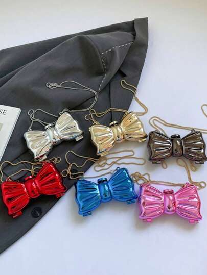 1个迷你亚克力亮面蝴蝶结装饰链条斜挎包，多色可选，甜美时尚风格，适合派对和外出