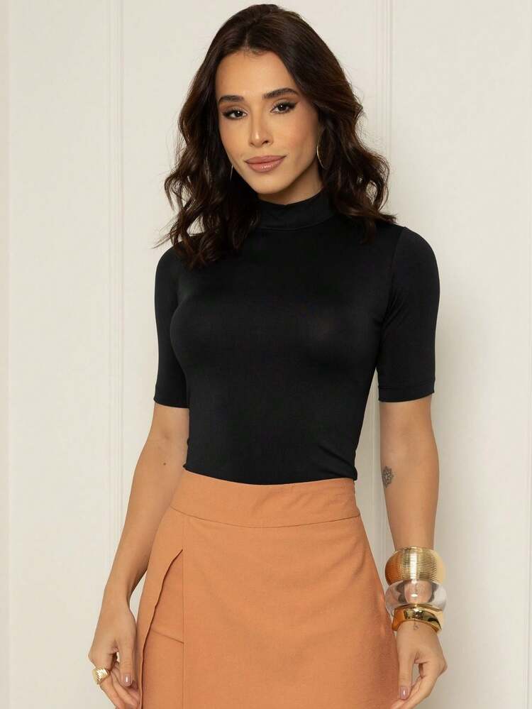 Kit T-Shirt Turtleneck Short Sleeve Women's Blouse Basic T-Shirt - Đen và Khỏa thân - Xem 8