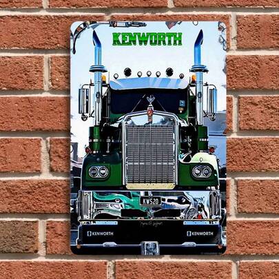 1 pieza Cuadro de pared de metal con diseño de camión Kenworth, decoración con tema de transporte vintage para garaje, cuarto de hombre, oficina en casa, placa colgante de hierro clásica en 2D con tema de vehículos pesados