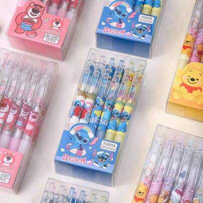 Bộ 6/12 bút bi gel màu trung tính, chủ đề hoạt hình Stitch và Gấu Dâu tây, mực khô nhanh, bút ký tên, bút viết, bút văn phòng phẩm dành cho học sinh.