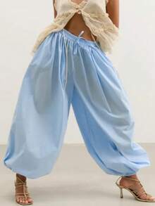 Yuyi Clothing Women Elastic Waist Lantern Leg Wide Leg Design Blue Pants, Elegant Casual Suitable For Spring And Summer - Blue - View 5