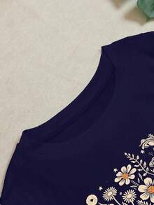 Fashionable Versatile Printed Short Sleeve Women's T-Shirt, Women's Casual Charming Floral Pattern Round Neck Plain T-Shirt Top Summer - Navy Blue - View 5