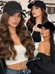 Long Wavy Curly Synthetic Wig Baseball Cap Hair Extensions Hat Wigs Black Brown Adjustable Hairpiece For Women By - Multicolor - View 9