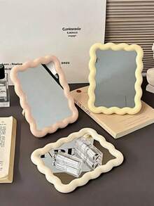 1pc Cute Wavy Cream-Colored Makeup Mirror, Suitable For Desktop/Wall Mounting, Applicable For Dorm, Vanity, Office, Makeup, Room Decor, Wardrobe, Travel, Bedroom, Cosmetic Accessories, Small Mirror, Compact Mirror, Hand Mirror - Multicolor - View 3