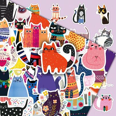 50pcs Colorful Illustrated Cartoon Cat Cute & Fun Pop Art Decorative Stickers For Cup, Phone Case, Tablet