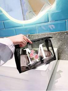 黑色网眼袋，印有创意花卉和A-Z字母图案，透明网眼化妆品收纳袋，大容量多功能旅行包，适合收纳化妆品、文具、珠宝首饰，适用于居家、旅行、商务、游泳等多种场合，也适合办公室、学校、工作、通勤、户外、旅行等。化妆包、化妆品收纳包、洗漱包、化妆品收纳袋、化妆包、洗漱袋、旅行包、度假必备品、女性旅行礼物。 - 黑色 - 查看 7