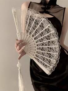 1pc White/Black New Chinese Style Black Lace Folding Fan, Lolita Hanfu Cheongsam Fan, Retro Tassel Ancient Style Hand Fan - Multicolor - View 4
