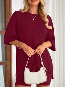 PRETTYGARDEN Women's Summer Clothes 2 Piece Sets Lounge Set Casual Oversized Shirts Biker Shorts Matching Airport Travel Sweatsuit Set Women Vacation Outfit Dark Red Summer Brunch Outfits For Women - 暗紅色 - 查看 5