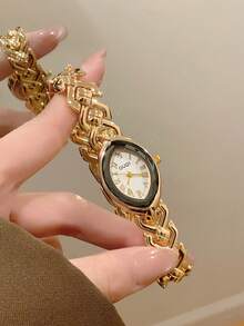 1pc Fashionable Creative Versatile Petite Personalized Women's Oval Quartz Watch, Oval Minimalist Dial, Mother Of Pearl Dial/Crystal Sister/Couple Watch, Suitable For Daily Wear And Holiday Gifts - Gold - View 9