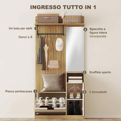  HOMCOM Appendiabiti da Ingresso con Specchio, 4 Ganci, Panca e Scarpiera, Mobile Appendiabiti con Armadietto e Ripiano Aperto, Gambe in Legno di Caucciù, per Ingresso Corridoio, Rovere e Bianco