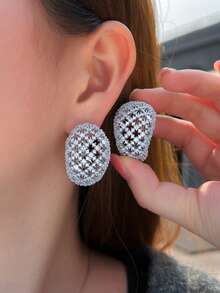 一对闪亮立方氧化锆镶嵌镂空半圆耳环，镀金/镀银立方氧化锆水滴耳环，女士派对/婚礼/订婚/宴会/选美比赛珠宝礼品 - 1 pair earrings - 查看 5