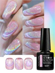 MEET ACROSS 1瓶7毫升彩虹全息猫眼凝胶指甲油，闪亮激光猫眼凝胶指甲油，半永久可卸UV凝胶指甲油，适合夏季美甲、美甲沙龙和DIY居家美甲 - 彩色 - 查看 1
