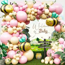 五彩纸屑粉色蓝色黄色维尼熊乳胶气球拱门套装，适用于蜜蜂卡通熊主题生日快乐圣餐礼洗礼婴儿派对装饰用品 - 杏色 - 查看 9