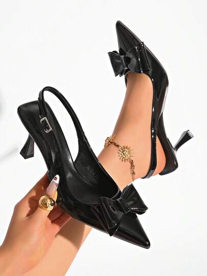 Women's Pointed Toe Slingback High Heel Pumps, Black Bow Decor Elegant High Heels, Suitable For Summer, Spring & Autumn, Stylish Business/Commute Wear, Kitten Heels