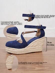 女士仿皮坡跟凉鞋，夏季度假款，方头套脚式，3.15英寸鞋跟，舒适编织镂空鞋，尺码34-43 - 藍色 - 查看 4