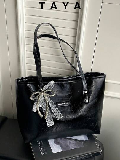 Large Capacity Fashion Minimalist PU Tote Bag, Waterproof Design (Includes Pendant), Commuter Work Bag, Suitable For Women's Daily Use, Student Backpack, Portable And Foldable, Business Casual Style, Suitable For Girls, Female College Students, Teachers, Young Professionals, Office Ladies, Applicable To Campus, Vacation, Beach, Holiday, Shopping And Other Occasions, Stylish Zipper Tote Bag, Essential Item For Vacation