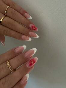 24片杏仁形粉色花朵美甲贴纸，带金属珠，白色法式尖头设计，适用于亚克力指甲。套装包含：1瓶果冻胶和1把指甲锉。花卉法式美甲，适合夏季、日常工作、节日和派对等场合，女性适用。 - 彩色 - 查看 2