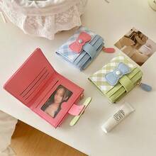 2026 New Arrival Cute Bow Decor Wallet Women Short Slim 2-In-1 Card Holder & Coin Purse Fresh Style For Women Wallet Mini Wallet Purse Wallet Small Wallet Cute Wallet Cute Things Money Wallet Travel Essential Summer Checkered - Multicolor - View 2