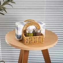 Portanachos de ratán tejido de PE con estante para salero y pimentero, organizador de escritorio para botellas de especias tejidas a mano, soporte de papel higiénico de mesa de comedor de moda - Caqui - Ver 3
