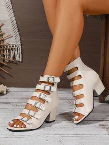 女士米色新款时尚朋克风圆头镂空鞋面皮带扣装饰夏季户外休闲派对后拉链设计套脚粗跟踝靴凉鞋 - 米色 - 查看 3