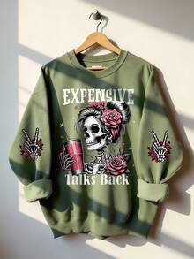 女士秋冬休闲宽松圆领卫衣，字母玫瑰印花，百搭假日风上衣，适合日常穿着，时尚秋冬春季单品 - 淺綠 - 查看 2