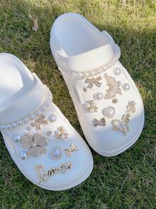 20个珍珠花朵、蝴蝶花、小蝴蝶结、链条鞋饰，可拆卸复古DIY仿珍珠花朵花园鞋装饰纽扣、鞋链、鞋包配件，适合节日、生日派对礼物 - 金色 - 查看 4