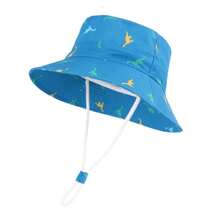 儿童恐龙图案遮阳帽，婴儿夏季户外宽檐帽，男女童棉质渔夫帽带下巴带 - 迷你恐龍 - 查看 29