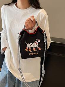 可爱斑点狗刺绣迷你方包，休闲百搭单肩斜挎包，学生日常包 - 黑色 - 查看 3