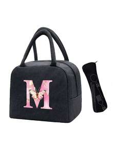 Pink Butterfly & Letter Pattern Insulated Lunch Bag, Thermal Lunch Box, Suitable For Students, Office, Camping, Picnic, School, University, Lightweight Portable Canvas Lunch Storage Bag - Multicolor - View 31