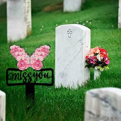 2D Flat Black Acrylic Butterfly Garden Stake, Memorial And Condolence Plaque, Pink Rose Pattern Outdoor Waterproof Decor For Yard, Lawn, Garden - Cherished In Our Hearts