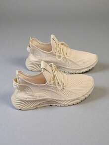 2025 New Style Women's Casual Sports Shoes Solid Color Lace-Up Slip-On Wear-Resistant Eva Insole Women's Tennis Shoes Indoor Exercise Outdoor Hiking Autumn And Winter Women's Shoes - 杏色 - 查看 4
