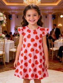 Young Girl's Casual School Style Cute Heart Print Round Neck Puff Sleeve A-Line Dress, Spring/Summer/Autumn - Pink - View 1