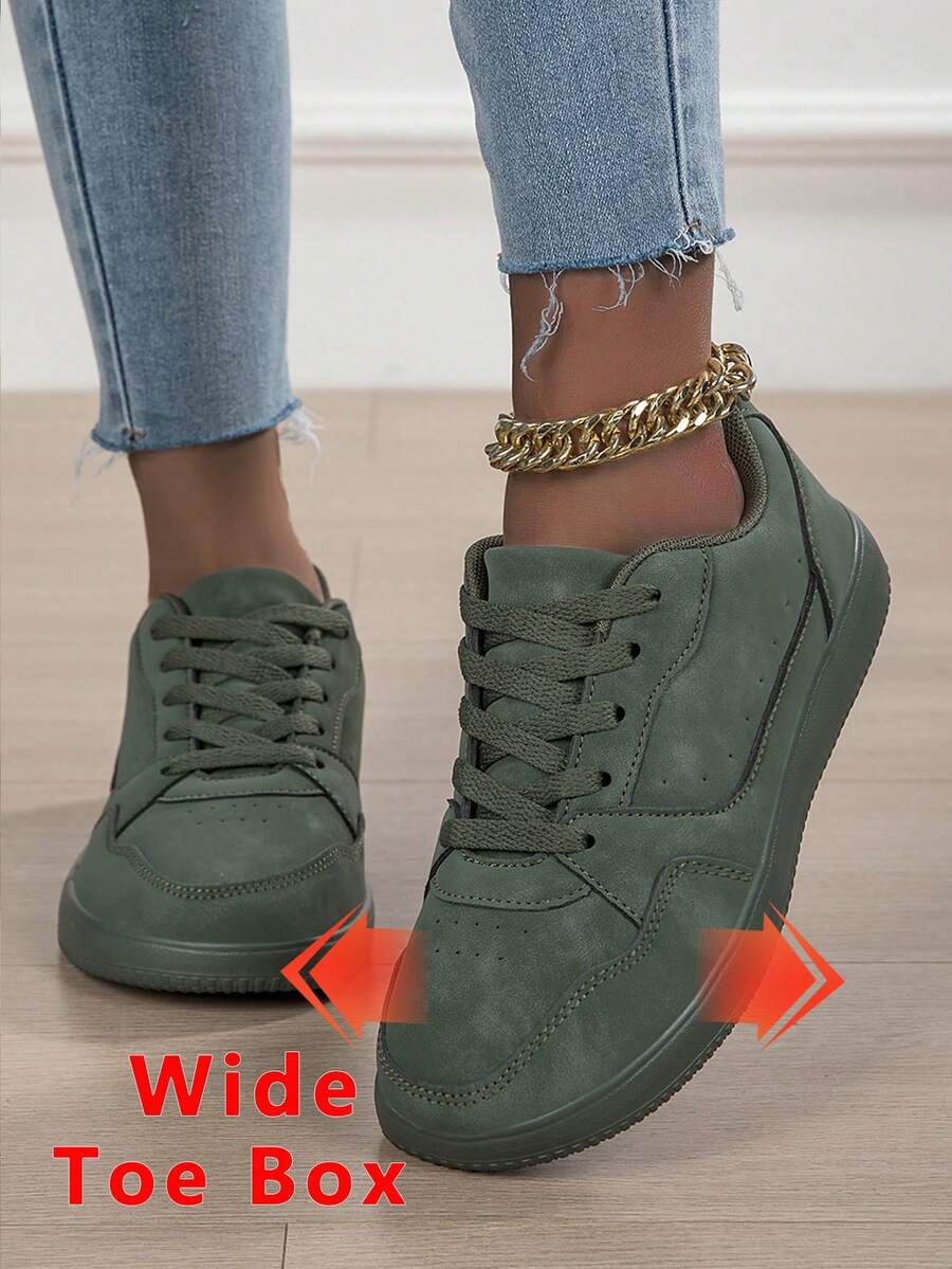 女士极简宽头滑板鞋,轻便防滑宽头运动鞋,时尚百搭宽头平底鞋,适合宽脚青少年休闲运动鞋,男女通用零落差宽头休闲鞋,为您的双脚提供舒适空间 - 軍綠色 - 查看 1